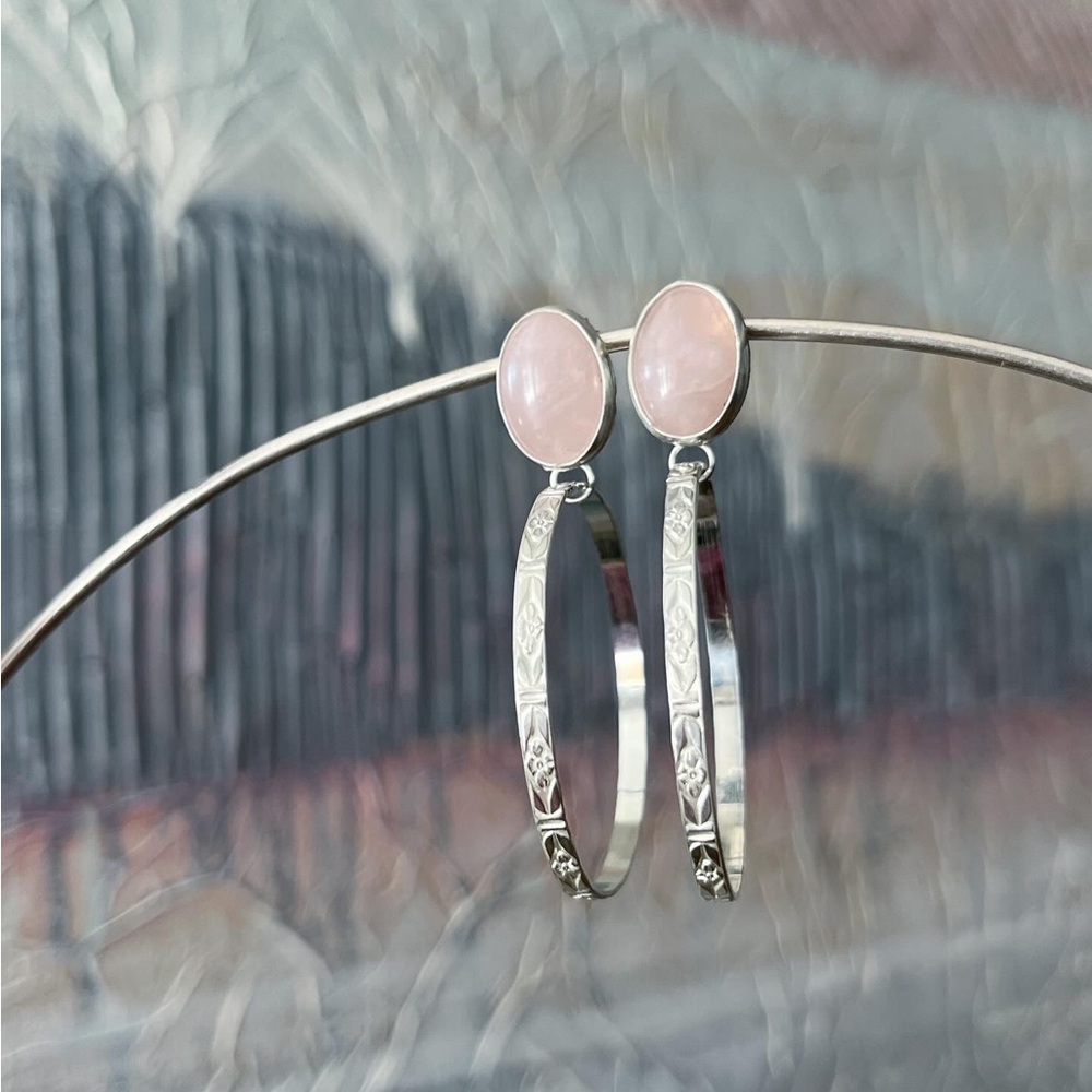 Handmade Sweet Pea brand Rose Quartz studs with hoops; sterling Silver earrings
